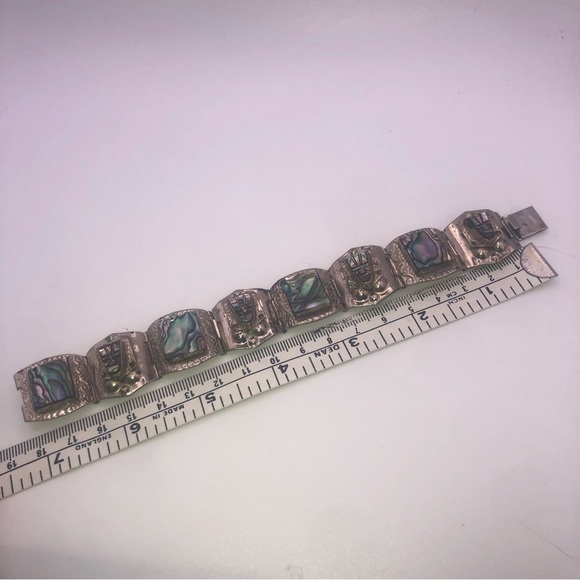 vtg Sterling Silver Carved Abalone Panel Bracelet Aztec Alpaca Mexico 7” - Picture 6 of 8